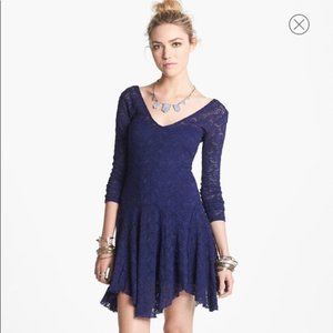 Free People Katya Blue Embroidered Lace Deep V Neck 3/4 Sleeve Dress